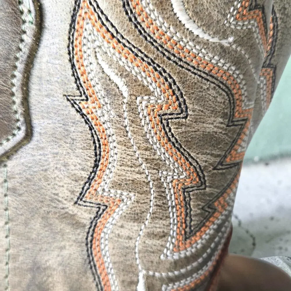 Old West Embroidered Cowboy Boots Brown Western Round Leather Fancy Stitch 3.5